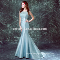 2016 Sexy zurück offenes Weihnachtsfestkleid MermaidTulle blaues Abendkleid mit Zug